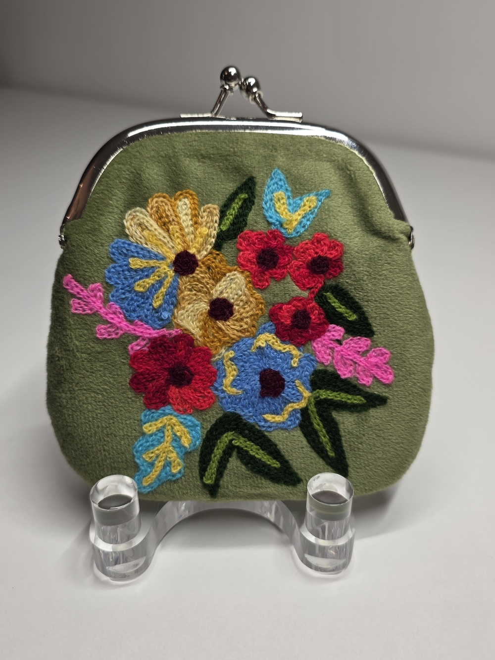 Olive Green Embroidered Floral Kiss-Lock Coin Purse